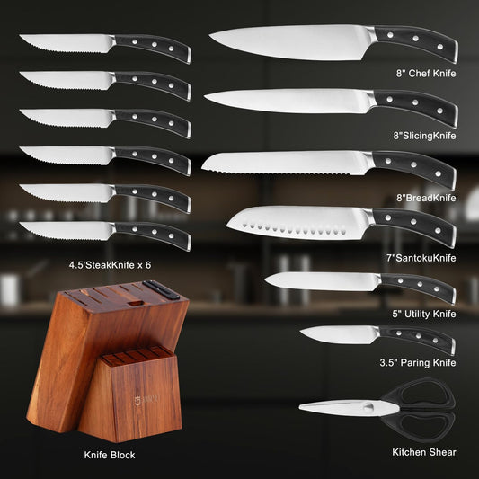 Knife Set, Jourmet 15-Piece Kitchen Knife Set with Block and Sharpener, High Carbon Stainless Steel Sharp Knives, Anti-slip Ergonomic Handle, Black Knife Block Set