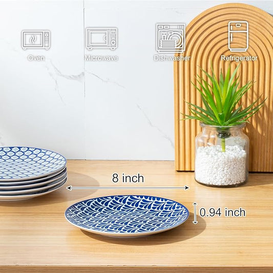AntoKueh Ceramic Salad Plates Set of 6, 8 Inch Blue and White Small Dessert Plates, Porcelain Plate for Appetizer, Snacks, Dishwasher & Microwave Safe