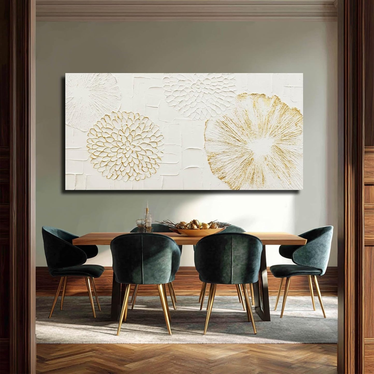 VAYIMDH White and Gold Wall Decorations Flower Wall Paintings Neutral Wall Art 29"x58" Over The Bed Wall Decor for Bedroom Kitchen Pictures