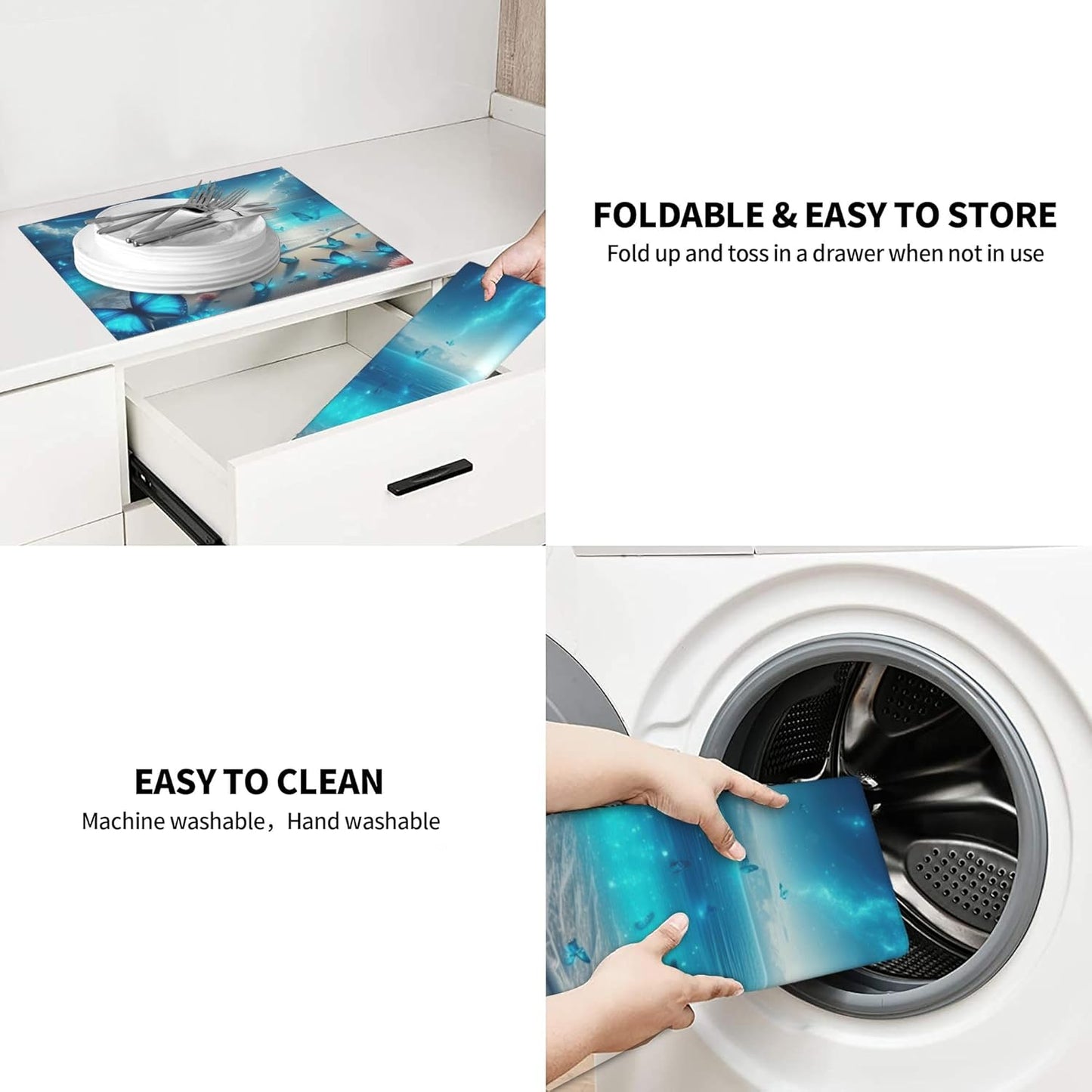 Blue Butterfly Beach Dish Drying Mat 16x18 Inch, Microfiber Absorbent Fast Dry Mat Large Dish Mat Drying Kitchen Mat, Kitchen Drying Pad for Kitchen Counter Coffee Bar Decor Gifts