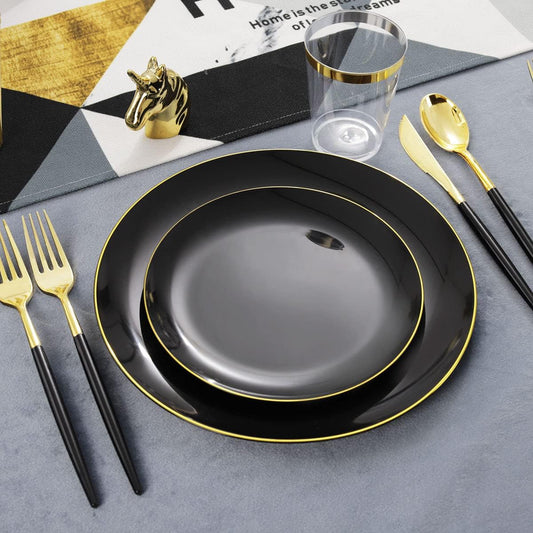 LIYH 180 Pcs Black Plastic Dinnerware Set with Gold Silverware,Halloween Plates, Black Plastic Plates Disposable, Heavyduty Gold Utensils Set for Parties,Halloween Happy New Year 30 Guests