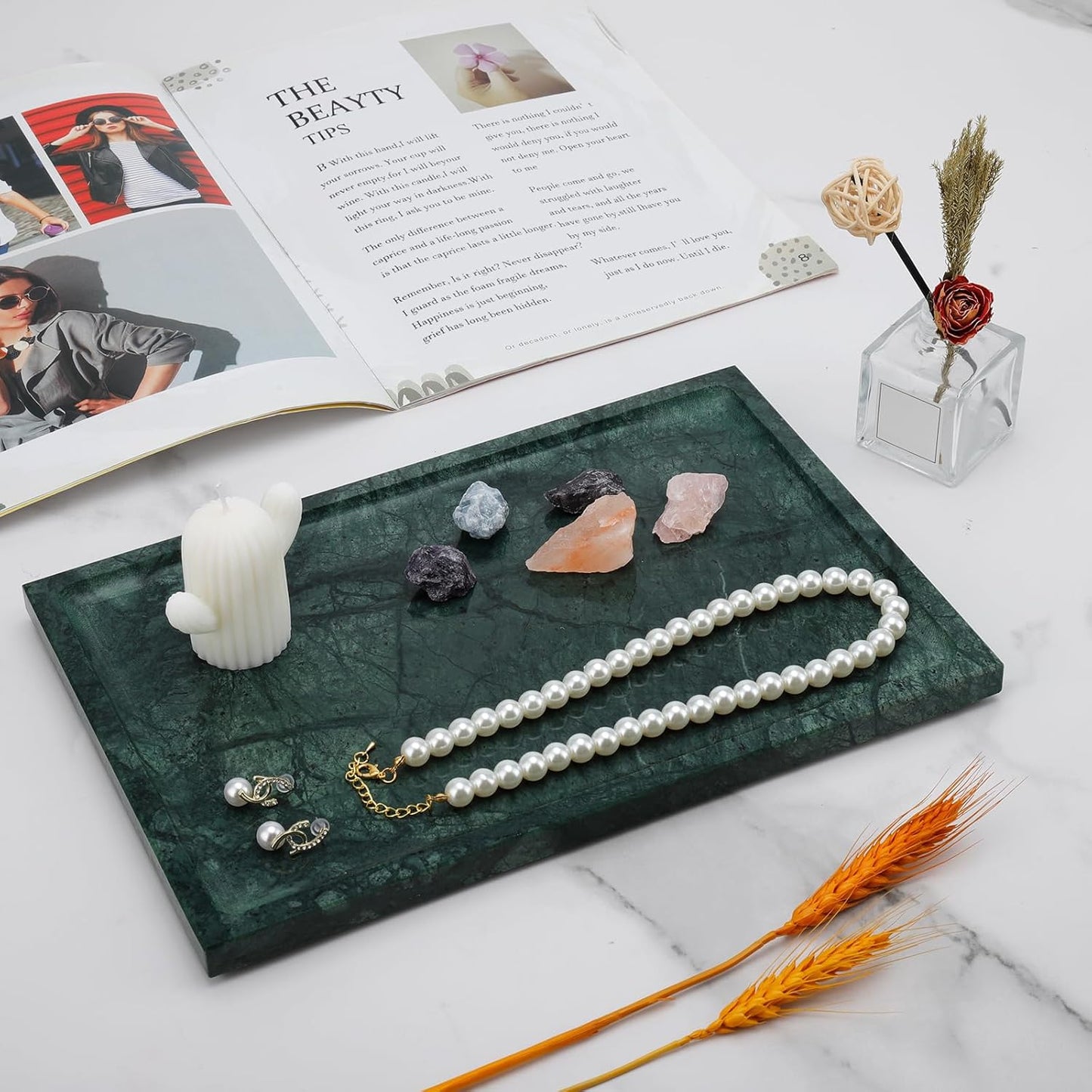 Real Luxurious Natural Marble Tray - 12x8 Inch Marble Vanity Tray for Perfume Display, Jewelry Organizer, Bathroom & Home Decor -Heavy Duty Non-Slip Stone Tray (Non-Resin/Non-Ceramic)(Green)