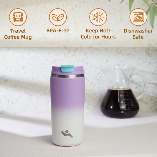 Tumbler with Lid, 12 oz Travel Coffee Mug Double Wall Vacuum Stainless Steel Thermal Metal Cup Insulated Water Bottle,PurpleWhite