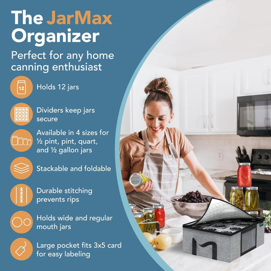 2Pk 16 oz Pint Mason Jar Organizer, Sturdy Pantry Canning Jar Storage Containers, Holds 12 Pint Size Ball Mason Jars, Foldable Canning Organizer, Stackable Home Storage Box w/Lid & Label holder