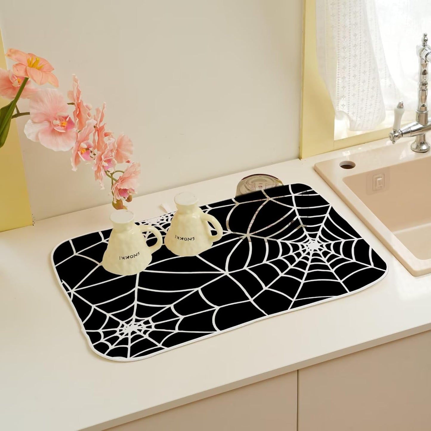 Halloween Spiderweb Dish Drying Mat 18 x 24 inch Halloween Scary Themed Black White Spider Web Decorative Drying Mats Microfiber Absorbent Dish Washable Draining Mat for Kitchen Counter