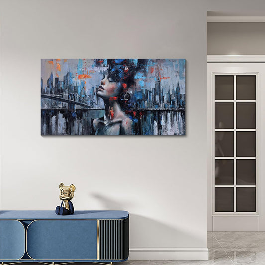 Navy Blue Abstract Wall Art Woman Picture for Living Room Modern Home Bedroom Decoration New York City Framed Cityscape Artwork Decor 20x40IN