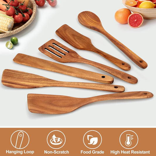 6 Pack Teak Wooden Spoons for Cooking Utensil Set Best Wood Non Toxic Spatula Slotted Turner Nonstick Bamboo Kitchen Utensils Serving Scraper Spurtle Stirrer Cooking Spoon Flat Egg Flipper Spatulas