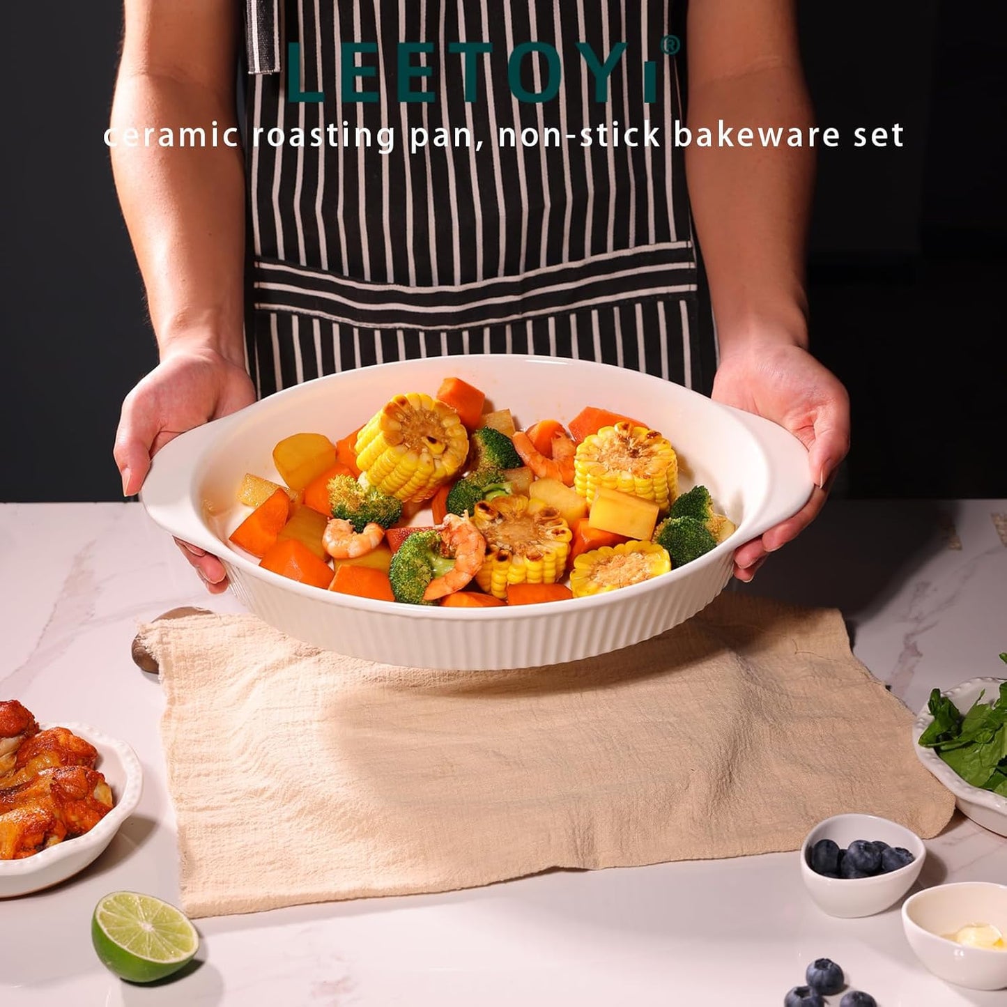 LEETOYI Porcelain 9x13 Large Oval Au Gratin Pans,Baking Dish for Servings, Bakeware with Double Handle for Kitchen and Home, White