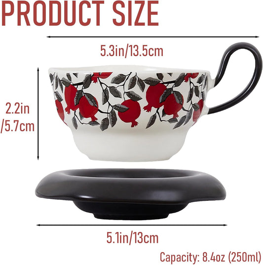 8.4oz Ceramic Coffee Mug with Saucer Set, Vintage Ceramic Latte Art Mug, Irregular Aesthetic Flower Cups for Espresso, Milk, Americano, Cappuccino, Tea, Black, 1 Piece