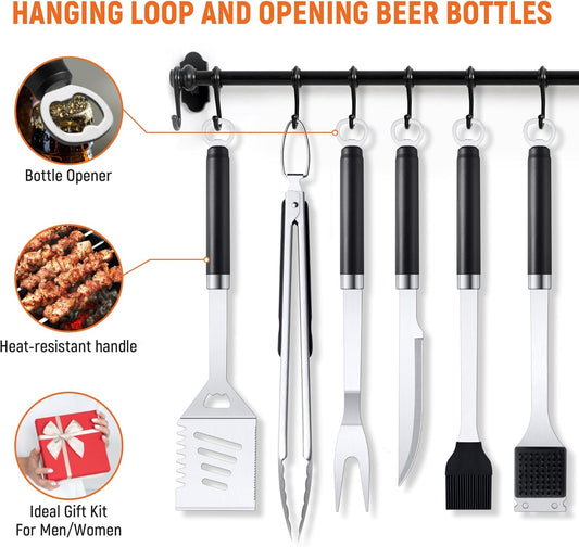 BBQ Accessories Grill Tools Set, Stainless Steel Grill Tools with 2 Squeeze Bottles, BBQ Grill Accessories Grilling Gift for Men & Women, Portable Grill Tools Utensils Kit for Camping, Kitchen