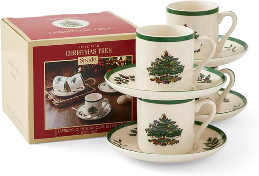 Spode Christmas Tree Espresso Cup & Saucer Set (Set of 4) - Festive 3 Ounce Coffee Mugs with Saucers, Fine Earthenware for Espresso, Holiday Gift & Christmas Décor - Dishwasher & Microwave Safe