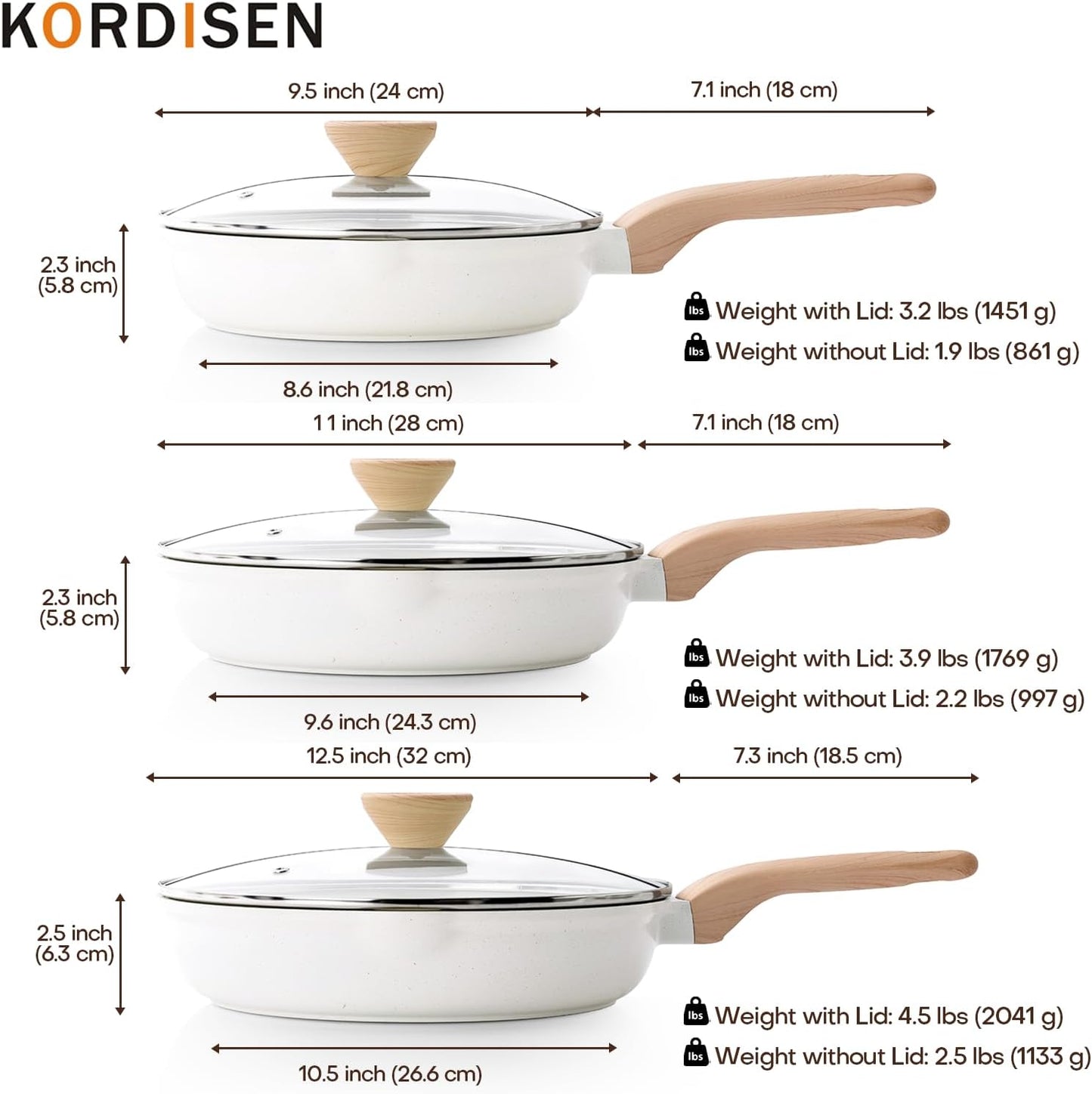 Kordisen Ceramic Nonstick Frying Pan Skillet Set with Lid, 3 Piece Ceramic Pans for Cooking Non Toxic, Healthy Induction Cookware, Stay-Cool Handle, PFOA & PFAS Free (9.5 Inch, 11 Inch, 12.5 Inch)