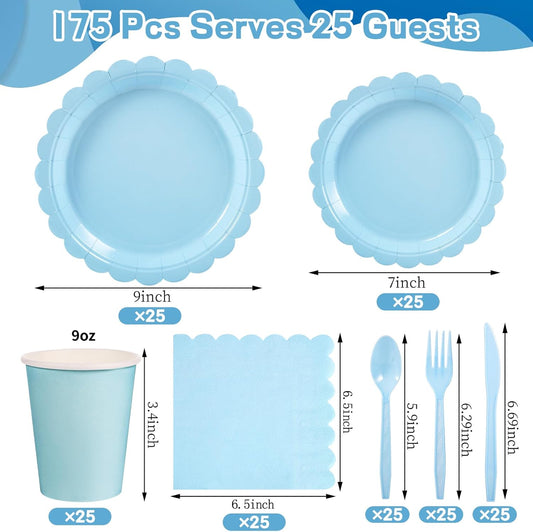 175 Pcs Light Blue Paper Plates and Napkins, Blue Party Supplies Include Light Blue Scalloped Plates Napkins Cups Plastic Spoons Forks Knives for Baby Shower, Wedding, Birthday
