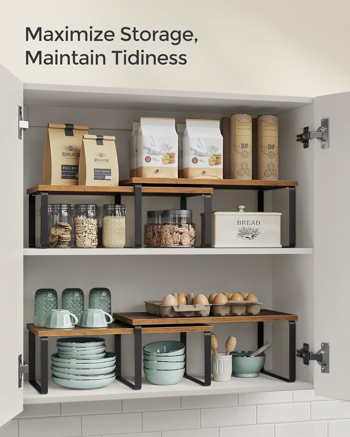 SONGMICS Cabinet Organizer Shelf, Set of 4 Kitchen Counter Shelves, Kitchen Storage, Spice Rack, Stackable, Expandable, Metal and Engineered Wood, Ink Black and Rustic Brown UKCS022X01