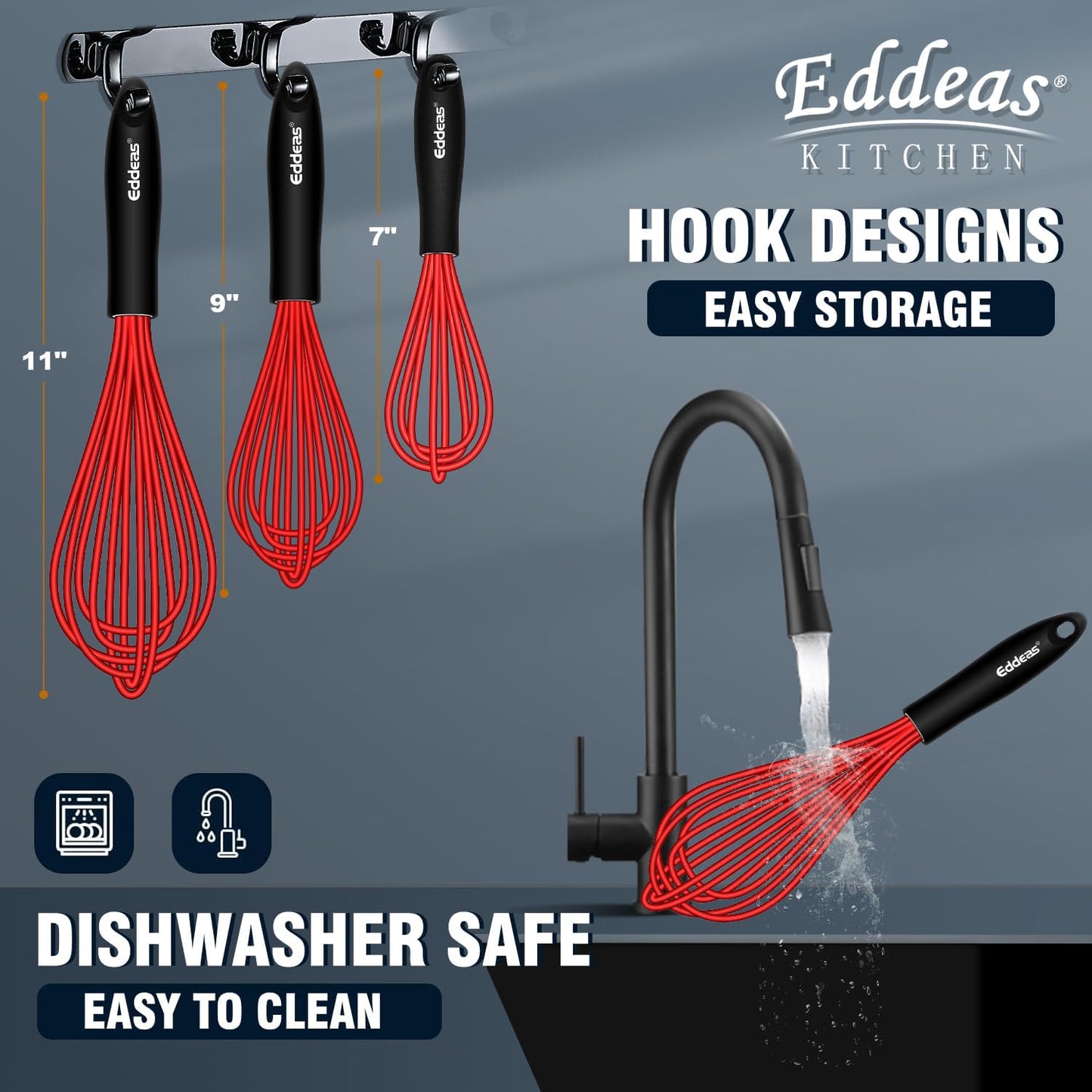 Silicone Whisk, 500°F Heat Resistant Whisks For Cooking, Non-Scratch Coated Whisks set of 3 7",9"&11inch, Balloon Kitchen Wisk tool Set, for Wisking, Blending, Beating, Stirring, Red