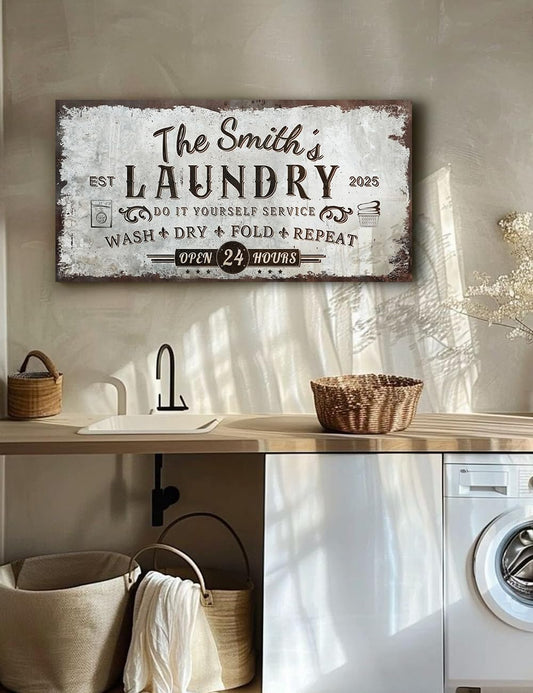 IPIC - Personalized Laundry Room Sign, Custom Canvas Wall Art with Family Name, Rustic Farmhouse Wall Decor and Accessories for Business and Home, Wash Dry Fold Repeat