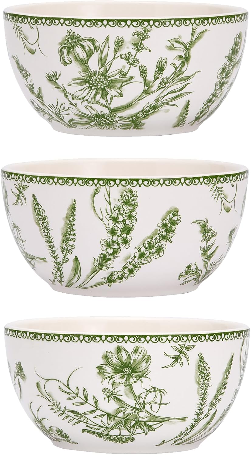 Bico Green Garden Toile De Jouy Cereal Bowls Set of 4, 26 oz Deep Ceramic Soup Bowls for Cereal, Salad, Noodles, Kitchen, Microwave and Dishwasher Safe, Gift for Housewarming and Thanksgiving