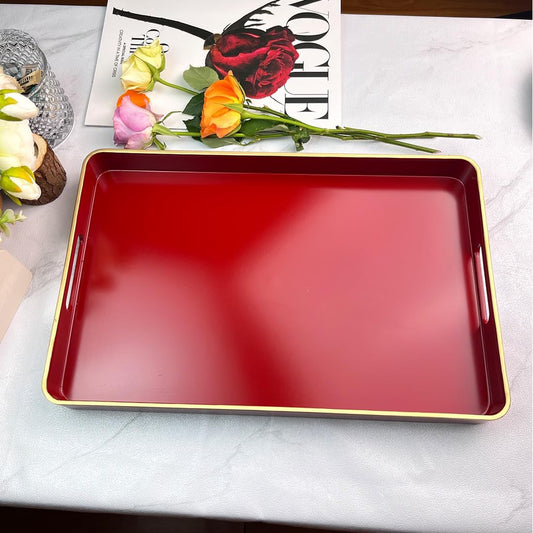 Red Decorative Tray, Serving Tray with Handles, Plastic Rectangular Tray for Ottoman, Coffee Table, Bathroom, Living Room. 15.7"*10.2"