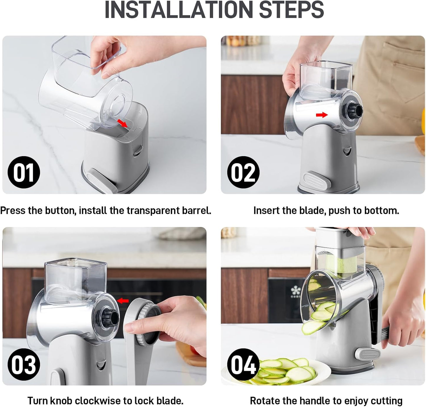 VEKAYA Cheese Grater, Cheese Grater Hand Crank, 4 Interchangeable Blades Cheese Shredder, Vegetable Slicer, Non-slip Suction Base, Easy to Clean Rotary Grater with Handle (Grey)