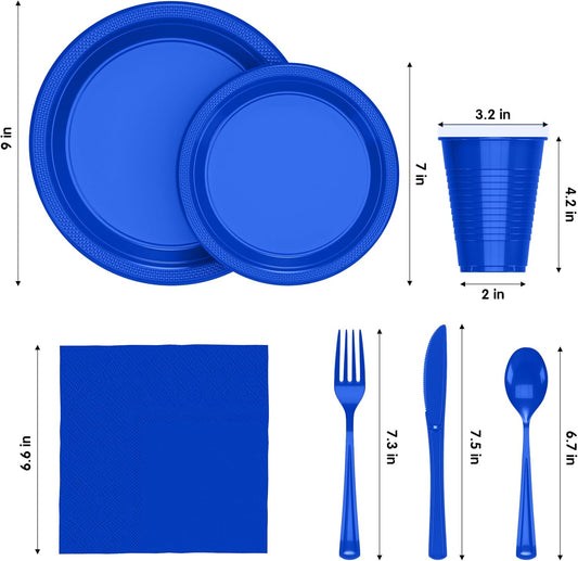 Party Solids 350 Pieces Dark Blue Plastic Plates For Party, Dark Blue Disposable Plates Set, 50 Of Each 9" Dinner Plate Set, 7" Dessert Plate, Cups, Napkins & Cutlery Plastic Dinnerware