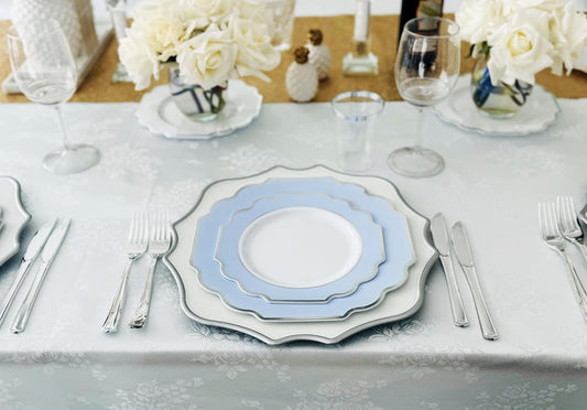 " OCCASIONS " 240 Plates Pack (120 Guests) Heavyweight Wedding Party Disposable Plastic Plates Set -120 x 10.5'' Dinner + 120 x 8'' Salad/Dessert Plate (Imperial in White/Blue & Silver)