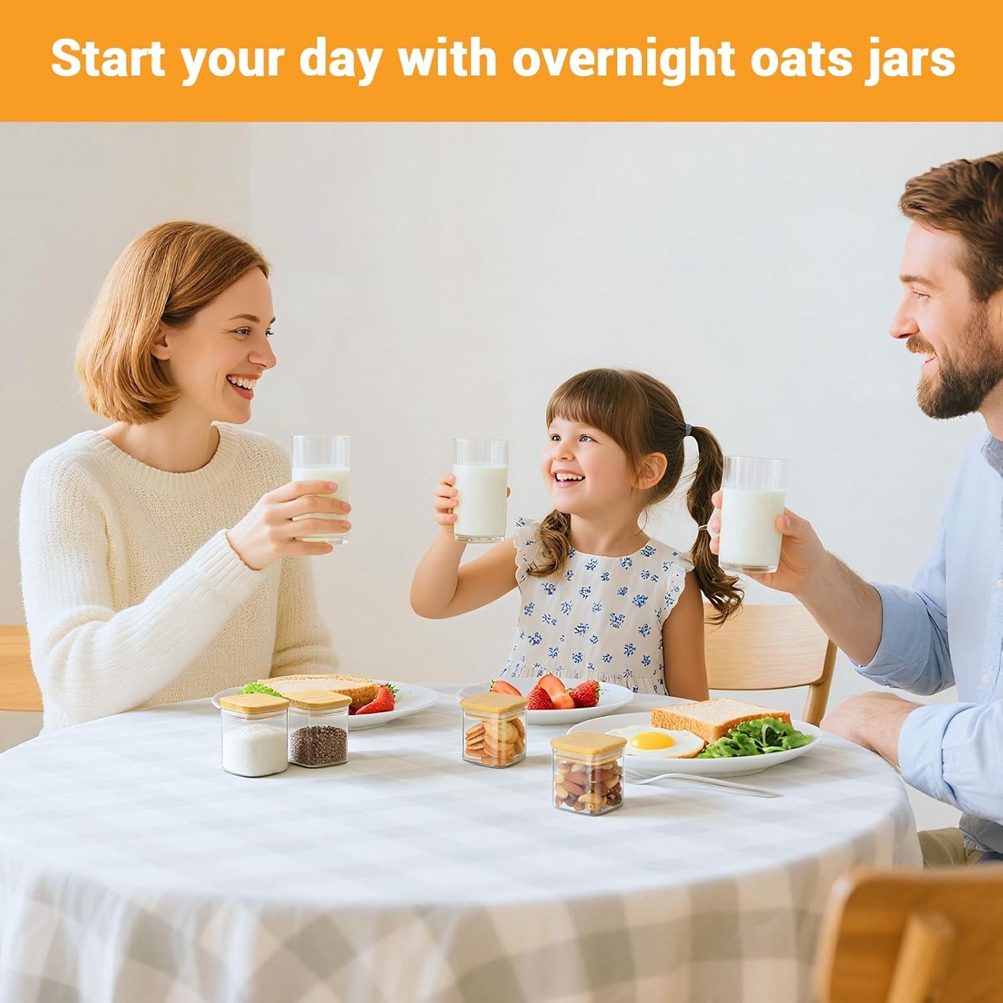 Glass Jar with Lid Set of 4, 4 Fl.oz Square Glass Storage Jars with Bamboo Lids, Clear Spice Container Seasoning Canister for Sugar Coffee Tea - Included Label Sticker, Spoon and Marker