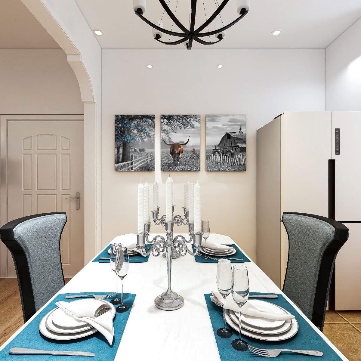 yiijeah Western Wall Decor - Rustic Blue Tree Brown Cow 3 Piece Wall Art - Farmhouse Black and White Picture Canvas Artwork for Walls - Field Scenery Wall Art