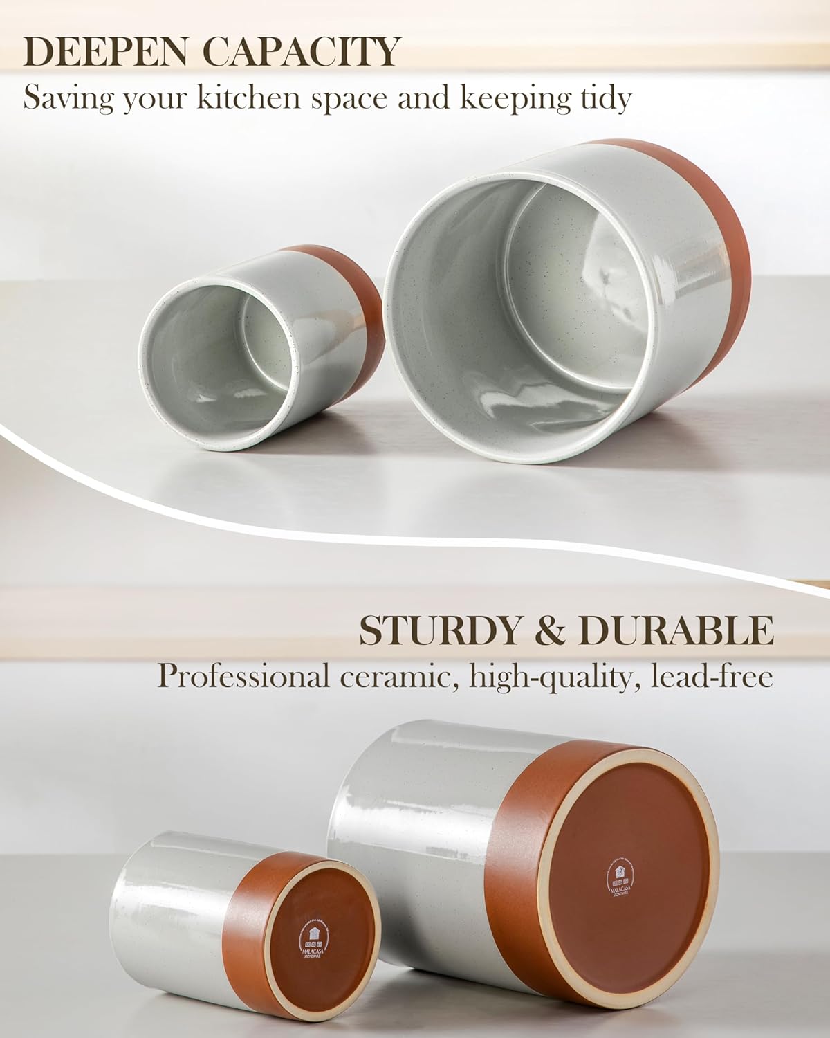 MALACASA Utensil Holder, 7.3"+5.5" Ceramic Kitchen Utensil Holder for Countertop, Large Cooking Utensil Crocks for Kitchen Counter, Farmhouse Utensils Organizer, Set of 2, Khaki Gray, Series TARA