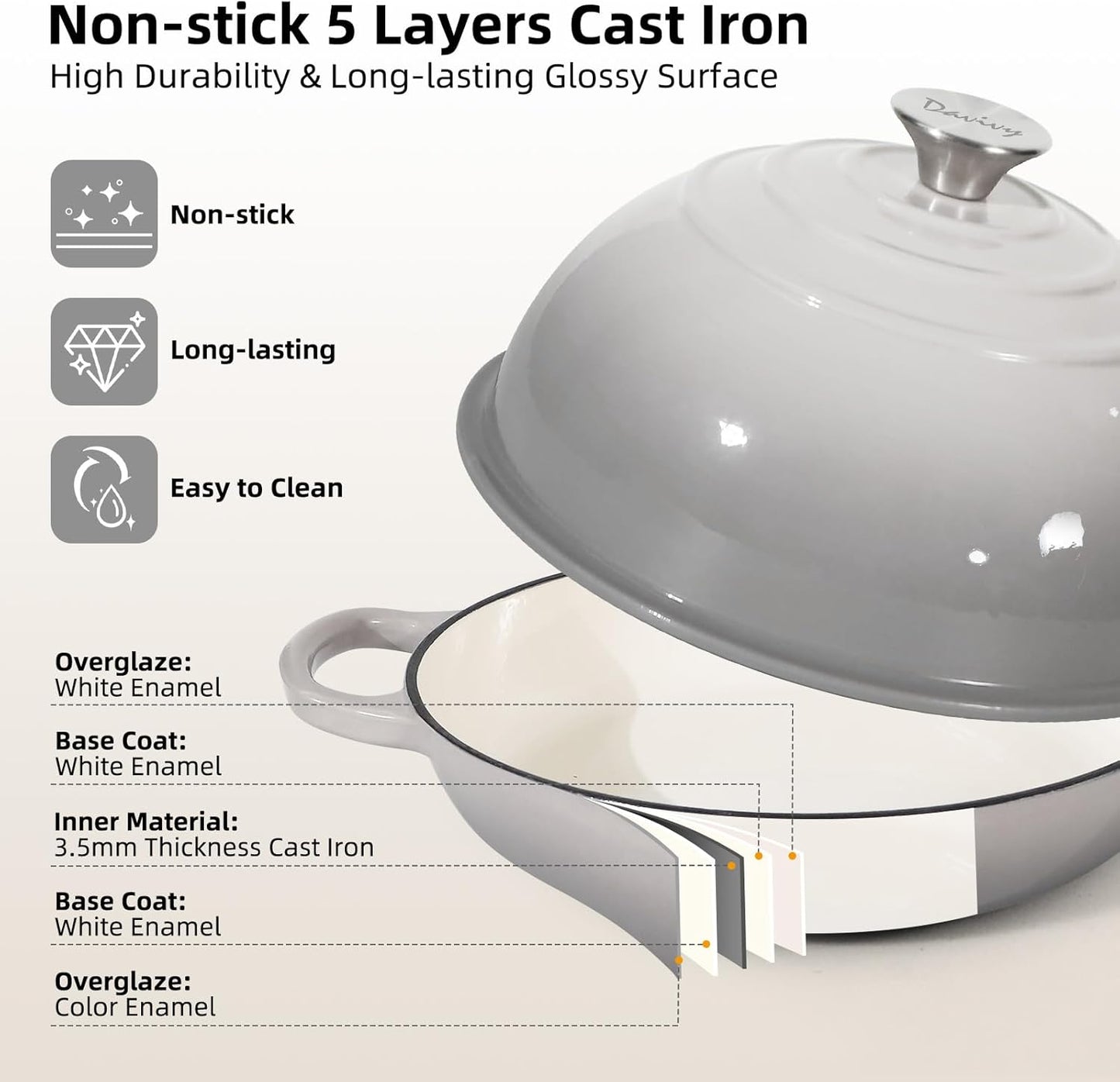 Davivy 5.5QT Cast Iron Dutch Oven with Silicone Baking Mat, 10" Round Bread Dutch Oven, Sourdough Bread Baking Pan, Enameled Cast Iron Bread Oven - Light Grey