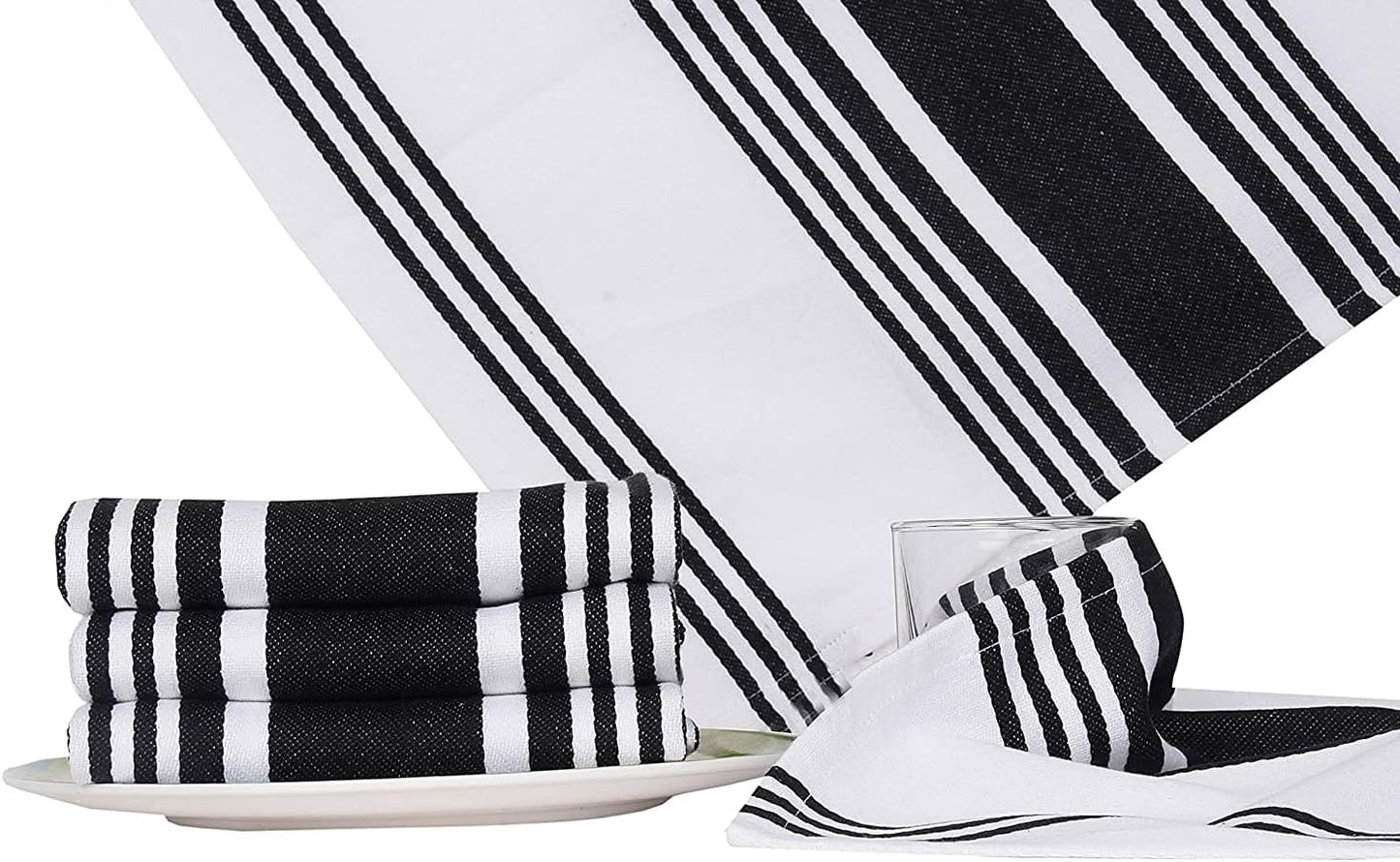Urban Villa Kitchen Towels 100% Cotton Pack of 3, Highly Absorbent Quick Drying Super Soft Premium Dish Towels for Kitchen with Hanging Loop Hand & Tea Towels - 20x30 Inch, (Black & White, Striped)
