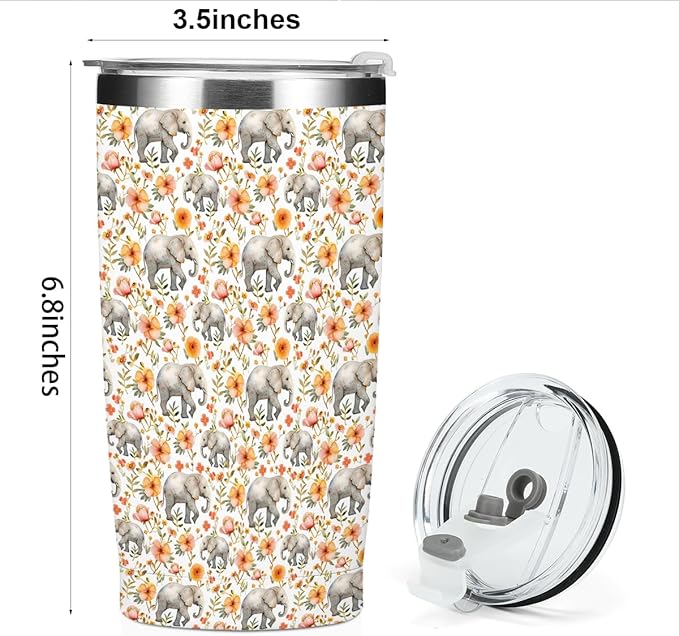 Cute Elephants Tumbler, Elephant Decor 20 oz Stainless Steel Coffee Mug,Travel Cup,Insulated Cup with Lid for Car, Elephant Gifts for Women Girls Animal Lovers Birthday Christmas Thanksgiving