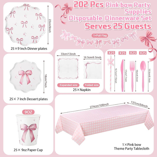 Sawysine 202 Pcs Pink Bow Party Supplies Serve 25 Disposable Dinnerware Set 50 Plates 25 Cups 25 Napkins 25 Plastic Forks 25 Knives 25 Spoons 25 Straw Flag Tablecloth