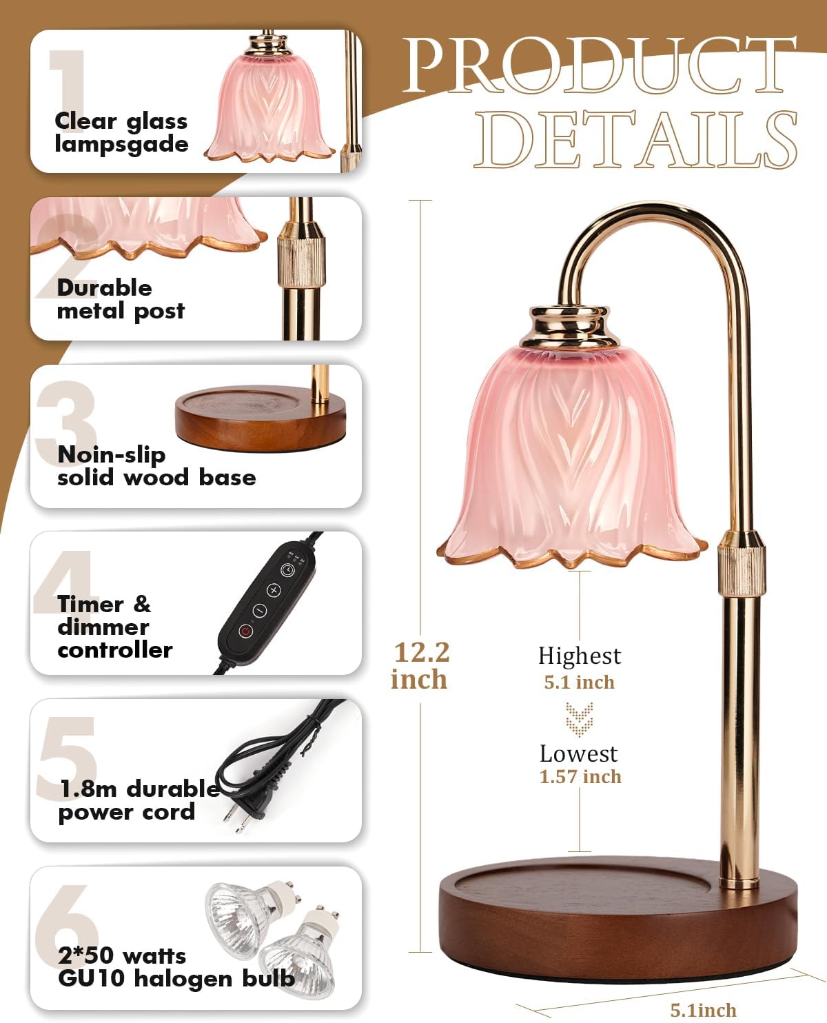 Candle Warmer Lamp, Gold Candle Lamp Warmer with Timer & Dimmer with 2 Bulbs, Birthday Gifts for Mom, Christmas Gifts for Women, New Home Bedroom Decor, Height Adjustable