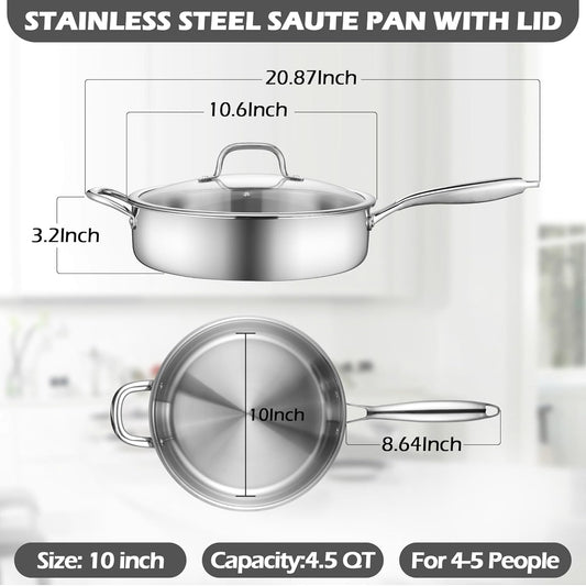 E-far 10 Inch Tri-Ply Stainless Steel Saute Pan, 4.5 Quart Deep Frying Pan with Lid, Kitchen Skillet, Healthy Non-toxic Cooking Pan for Induction Ceramic Gas Stoves, Heavy Duty, Oven & Dishwasher Safe