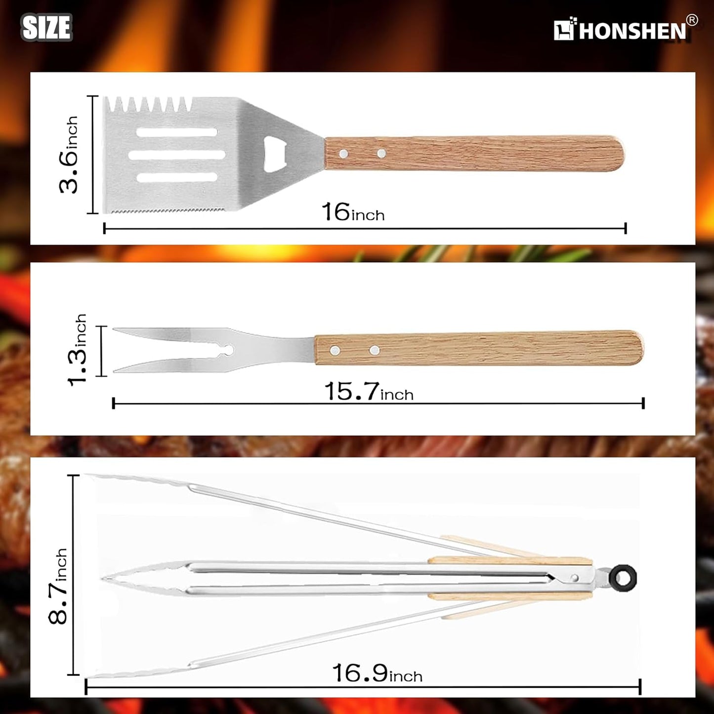3 Piece Barbecue Tool Sets,Heavy Duty Stainless Steel and Wooden Handles BBQ Tool Sets,Grill Accessories,Grilling Spatula,Fork,Tongs for Outdoor Grill Cooking (Large BBQ Tools Set-3P)