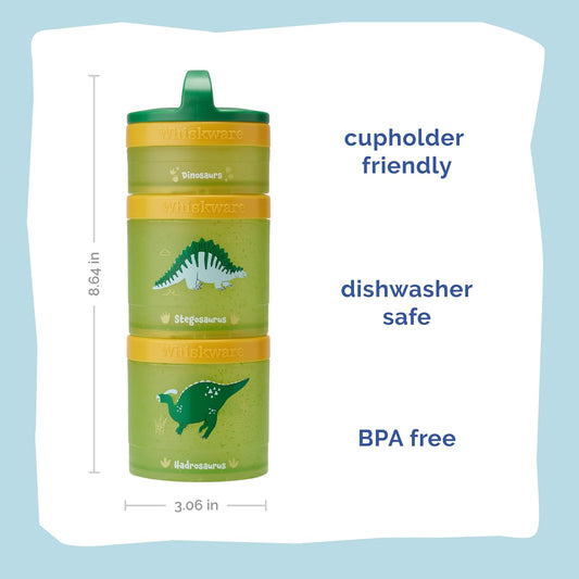 Whiskware Dinosaur Stackable Snack Containers for Kids and Toddlers, 3 Stackable Snack Cups for School and Travel, Green/Orange