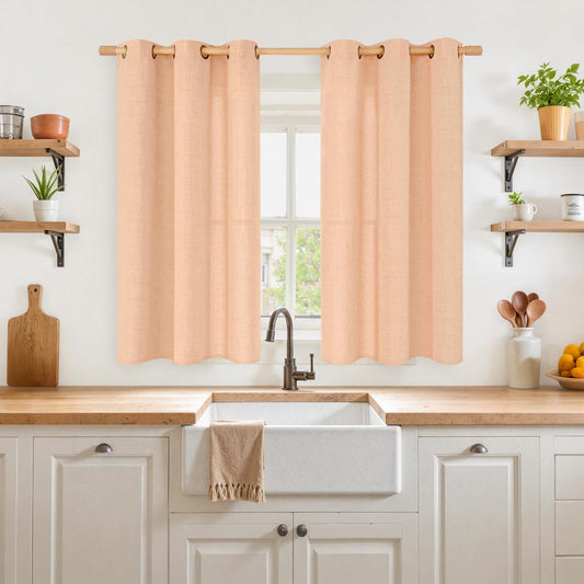 YoungsTex Peach Linen Curtains 45 Inches Long for Short Window, Semi Sheer Textured Drapes with Bronze Grommet Privacy Light Filtering for Kitchen Bedroom, 42 x 45 Inch, 2 Panels