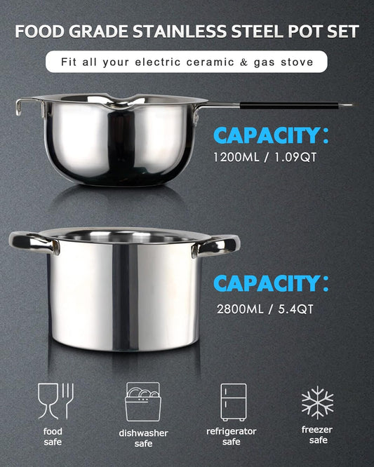 Double Boiler Pot Set,1200ML Double Boiler for Chocolate Melting, 2800ML 304 Stainless Steel Pot With Silicone Spatula for Melting Chocolate, Candy, Candle, Soap, Wax