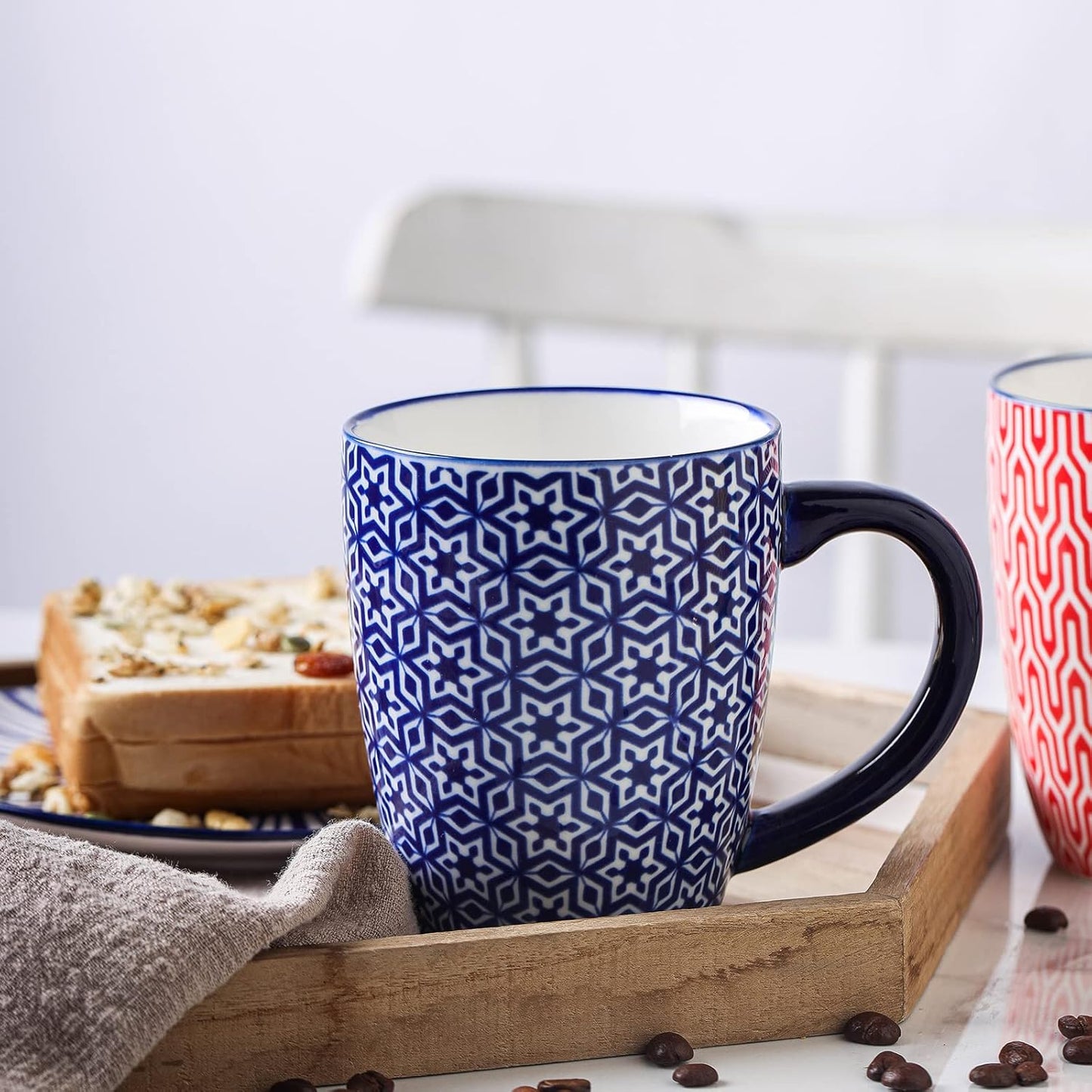 Selamica 16 oz Porcelain Coffee Mugs Set, Ceramic Tea Cup with Handle, dishwasher, oven, microwave safe, Pack of 6, Vintage Blue