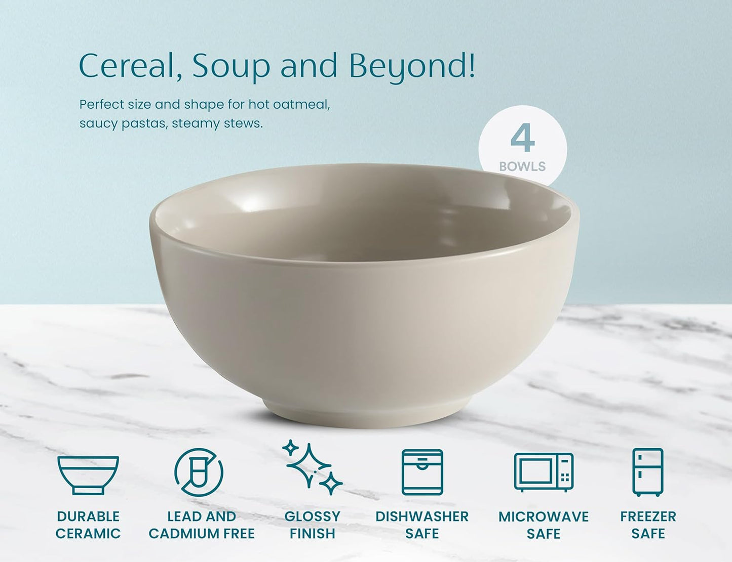 KooK Soup Bowls, Cereal Bowl, Ceramic, Bowls for Kitchen, Microwave, Dishwasher and Freezer Safe, Porcelain Dishes for Pasta, Salad, Oatmeal, Deep Interior, 20 oz, Set of 6, (Powder Grey)