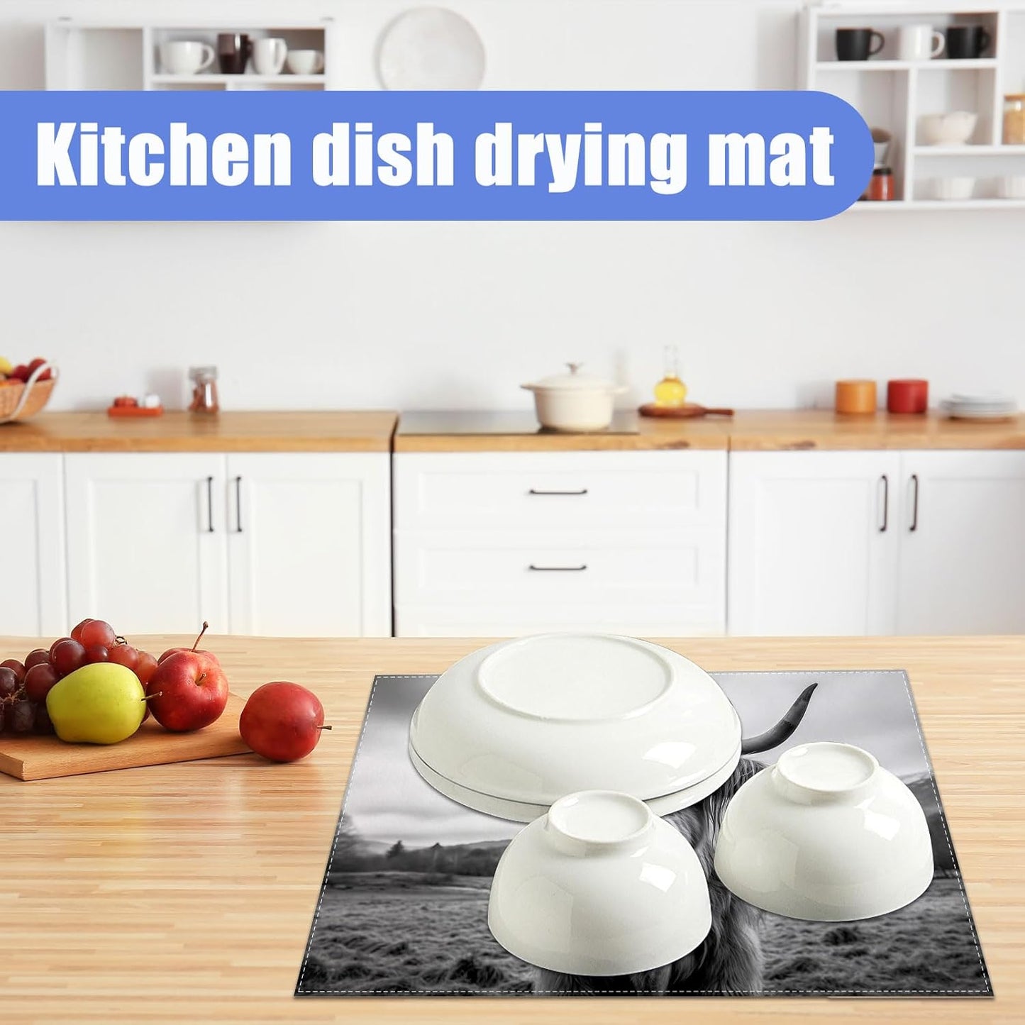 Highland Cow Dish Drying Mat for Kitchen Counter Drying Pad Absorbent Reversible Dish Drainer Rack Mats Draining Pad 18"x24"Inch