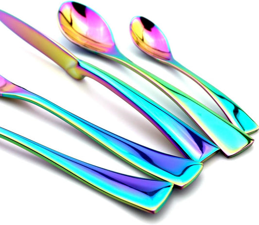JASHII Luxury Unique Flatware Set 20-Piece | Iridescent Silverware Sets | 18/10 Stainless Steel Dinnerware Set | Utensils For 4 | Rainbow Tableware,Dinner Knife Fork Fork w/DESSERT COFFEE Spoon