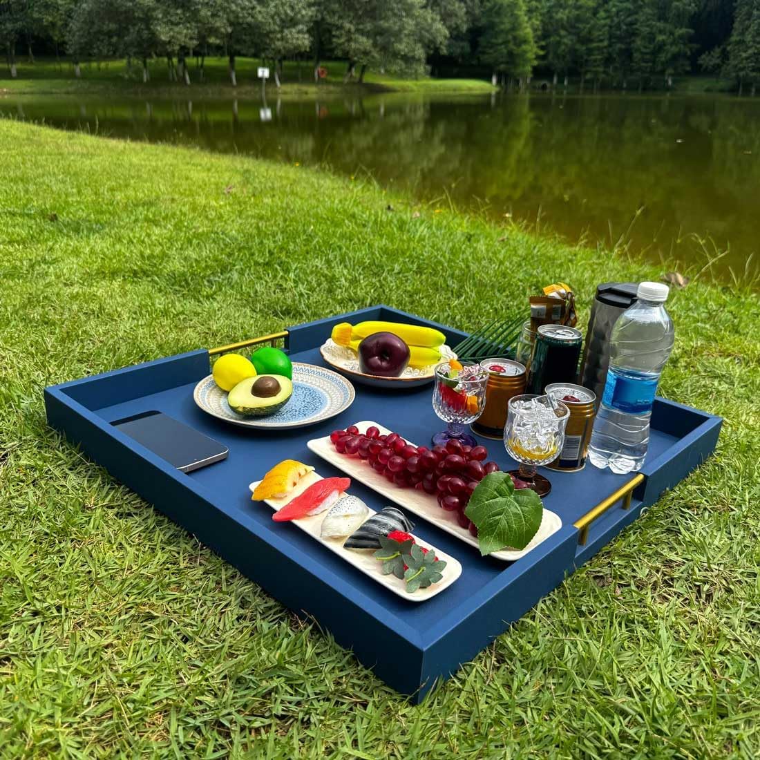 24x24 Inches Extra Large Blue Faux Leather Wrapped Wood Ottoman Tray with Golden Handles for Serving Food and Breakfast On Bed, Square Coffee Table Organizer, Home Decor and Decorative