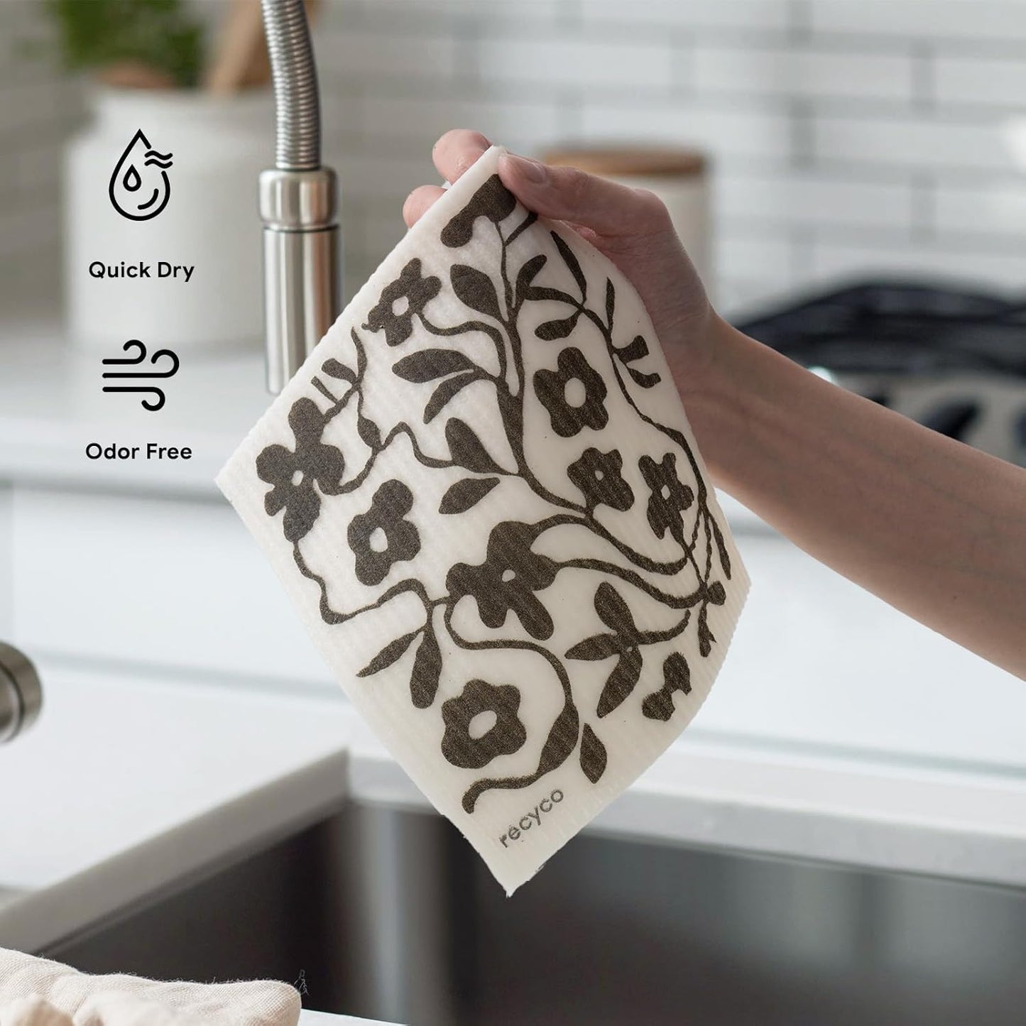 RECYCO Swedish Dishcloths for Kitchen | 5 Pack Black & White Geo Washable Dish Rags | Cellulose Reusable Cleaning Paper Towels | Absorbent Counter Dish Cloth Sponge Kitchen Wipes, 8" L x 7" W