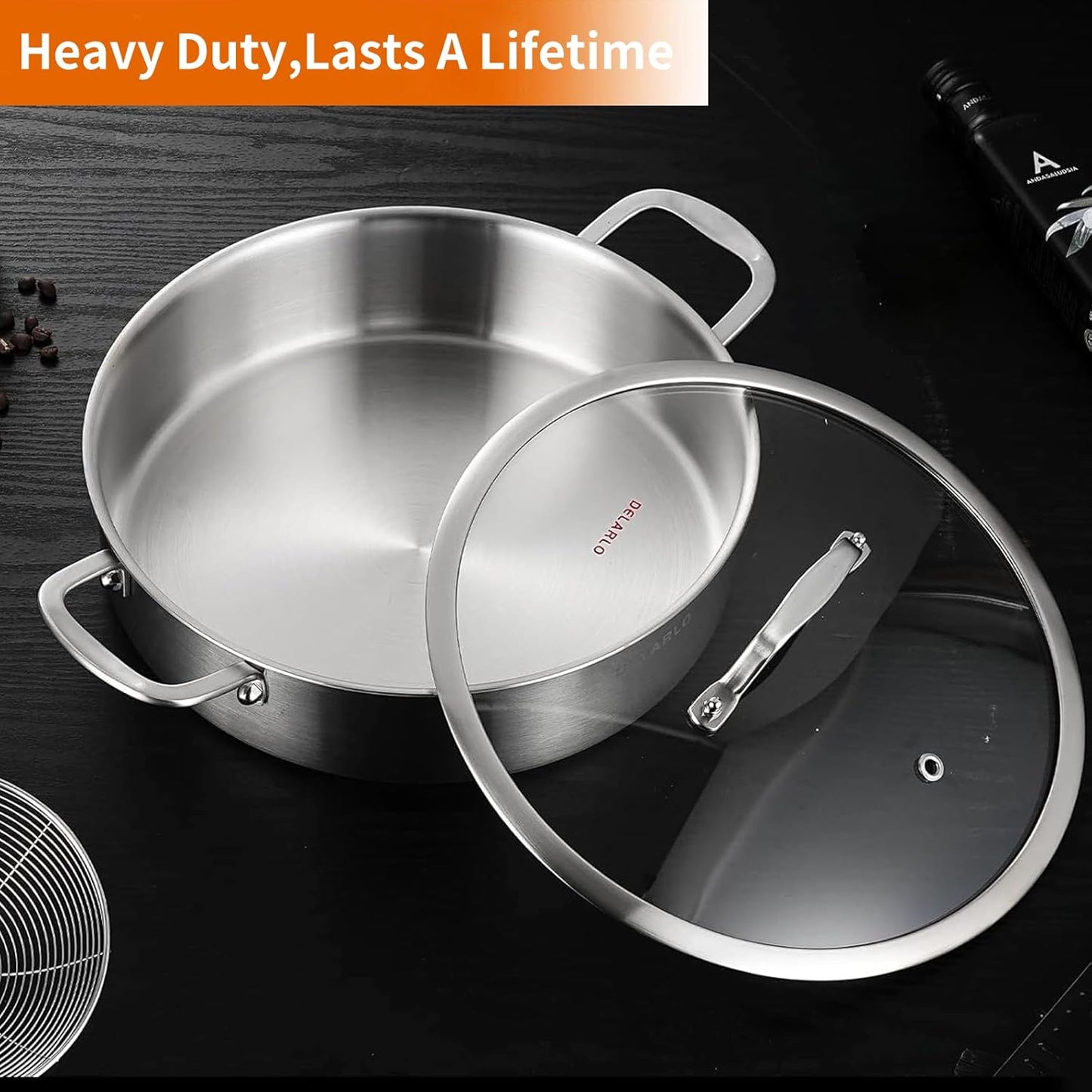 DELARLO Stainless Steel Pans,6QT Saute Pan,12 inch Everyday Pan with Lid,Dishwasher-Friendly Braiser,Stay-Cool Handles,Oven-Safe Up to 660℉