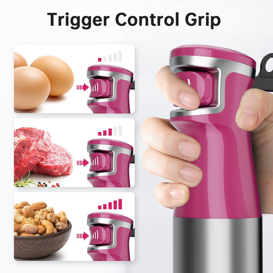 Immersion Blender Handheld Corded Hand Blenders Set 1100W, Trigger Variable Speed 5 in 1 Stick Emulsifier with Chopper, Whisk and Frother for Soup, Baby Food and Smoothies, Rose Red