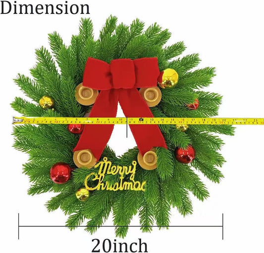20Inch Christmas Candle Wreath, Realistic Pine Advent Wreath with Red Gold Balls and Bow, Kitchen Cabinet Candle Holder for Table Wall Window Porch Front Door Fireplace Decor