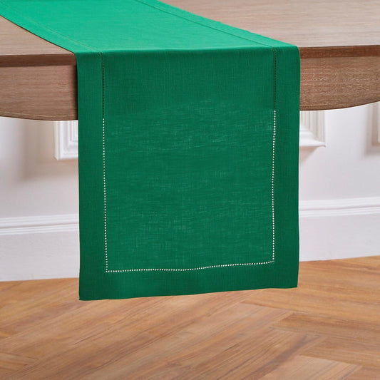 Solino Home Linen Hemstitch Table Runner 120 Inches Long - 100% Pure Linen Emerald Green Table Runner 14 x 120 Inch for Christmas - Classic Hemstitch