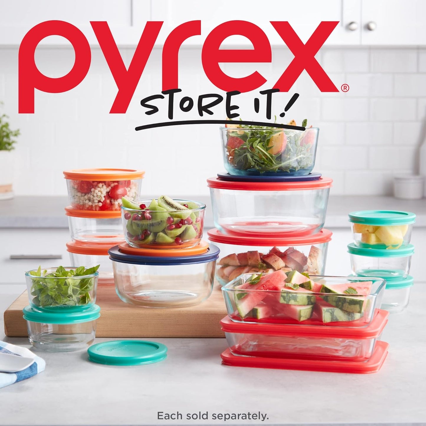 Pyrex Simply Store 3-Pack (1, 2 & 4 Cup) Small Round Glass Food Storage Containers Set, Snug Fit Non-Toxic Plastic BPA-Free Lids, Freezer Dishwasher Microwave Safe