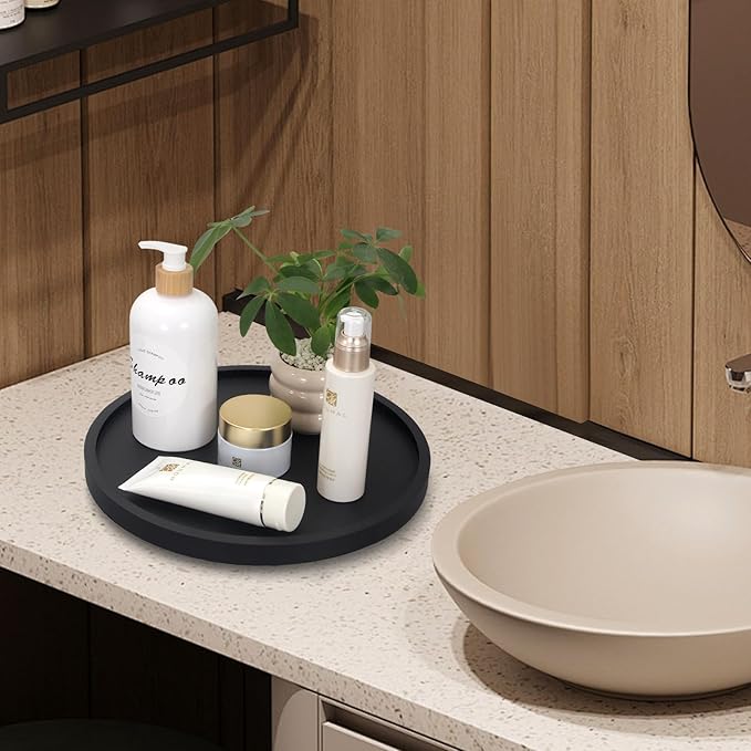 12" Black Wood Lazy Susan Cabinet Turntable Round Bathroom Vanity Organizer Tray Decorative Wooden Lazy Susans for Dining Table Top Kitchen Sink Countertop Large Lazy Susan Rotating Tray Spice Rack